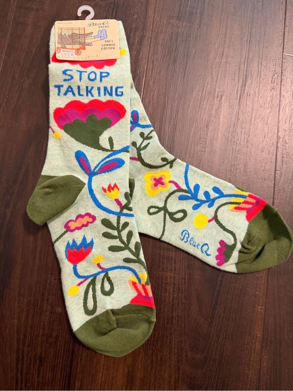 New Blue Q Floral 'Stop Talking' Crew Socks Women’s 5-10 Floral Accents